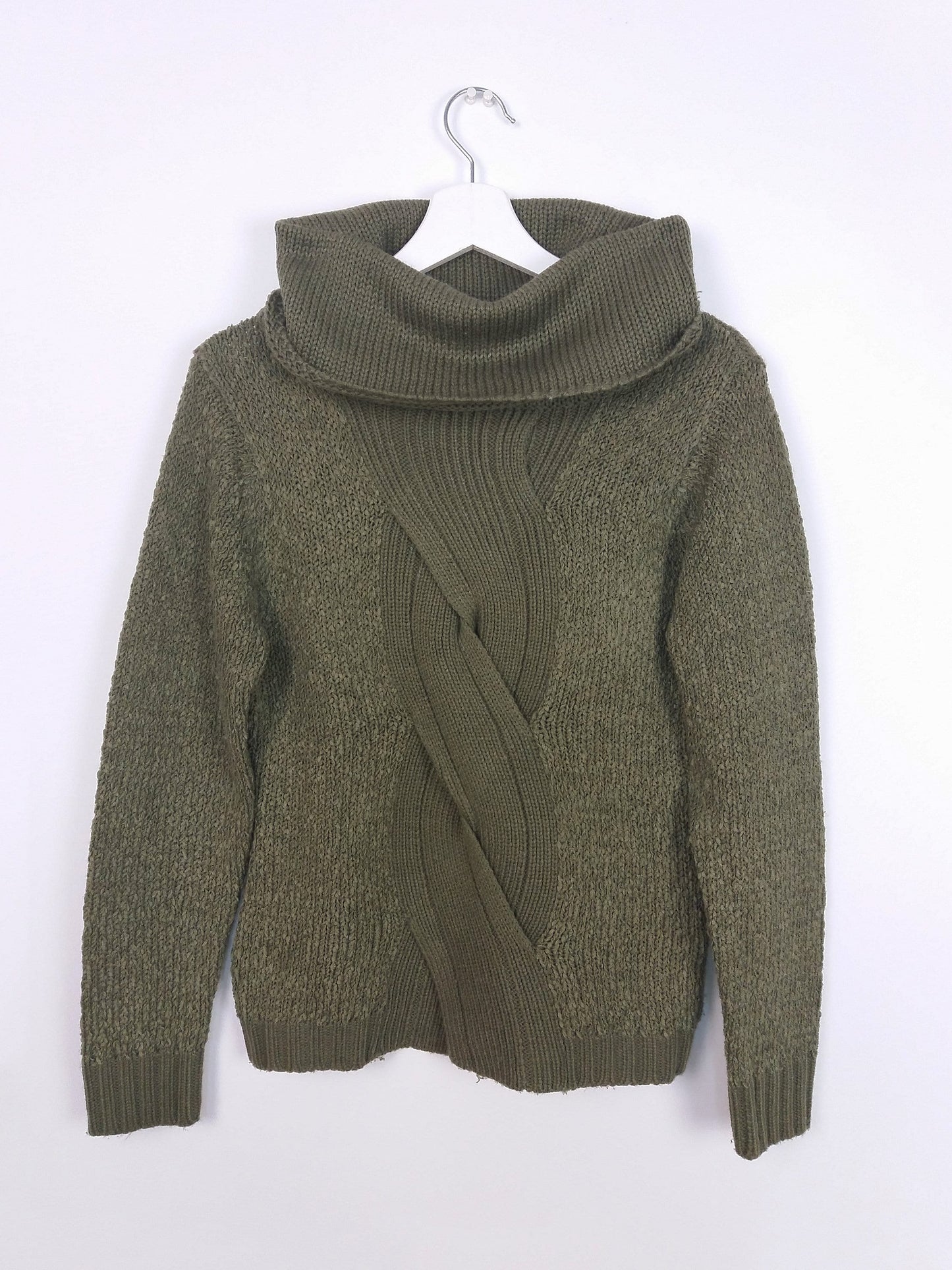 Cable Knit Large Cowl Neck Sweater Olive Green ~ size S-M