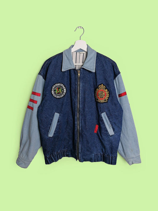 80's Denim College Jacket with Patches - size M