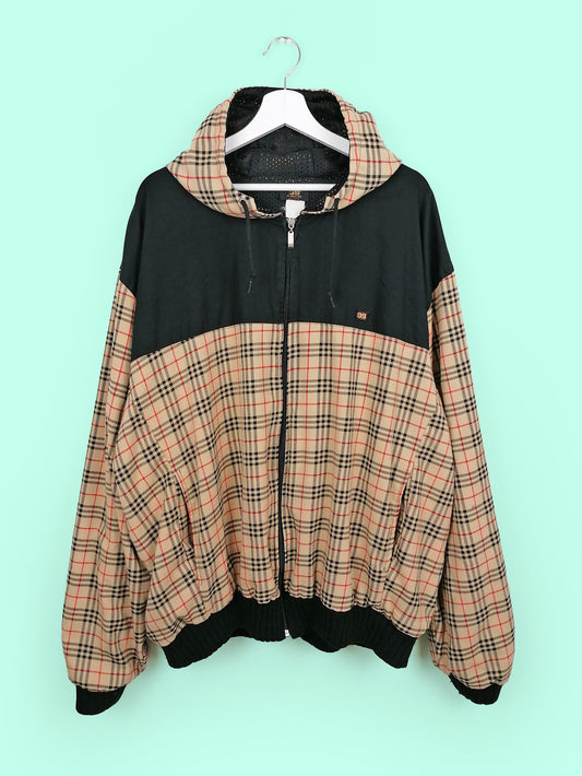 90's Y2K Plaid Check Oversized Lightweight Bomber Jacket with Hood - size XXL