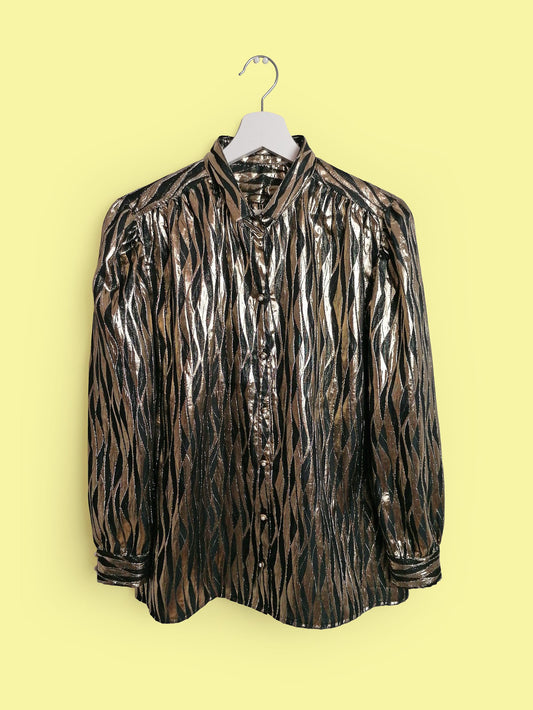 80's Shiny Lurex Blouse Black Gold Puffy Sleeve - size M-L