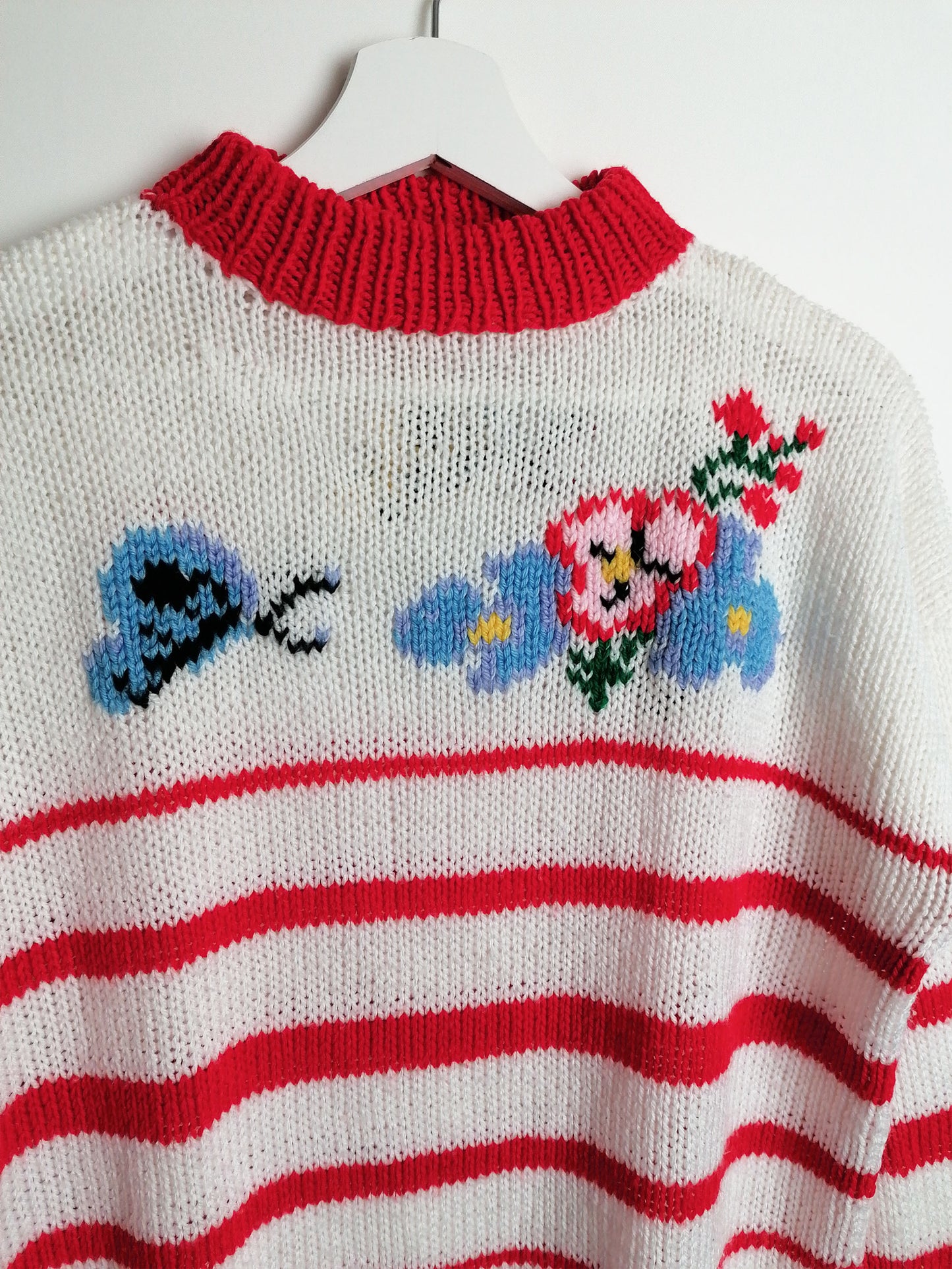 80's Handmade Knit Sweater Butterflies Flowers - size S-M