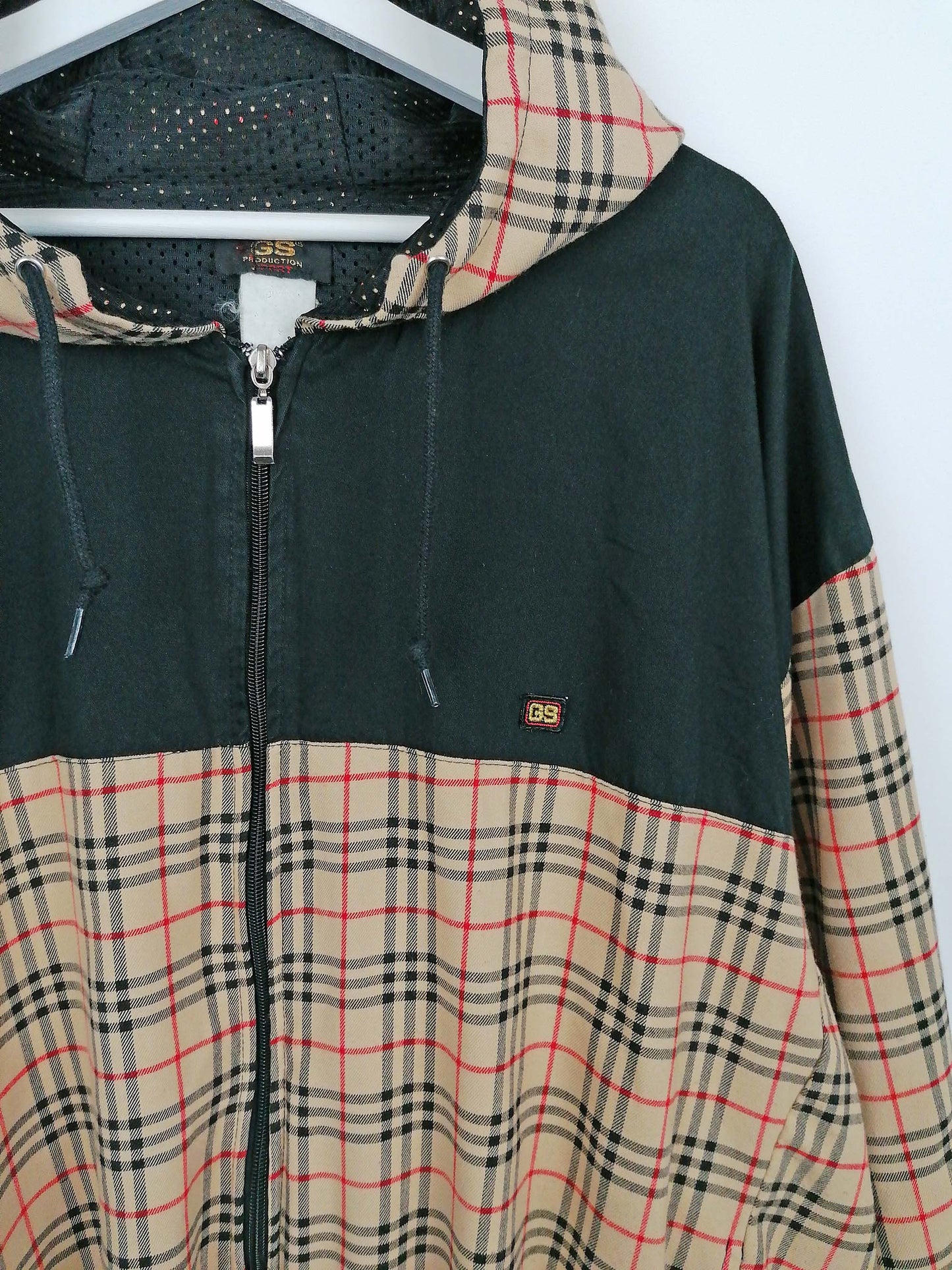 90's Y2K Plaid Check Oversized Lightweight Bomber Jacket with Hood - size XXL