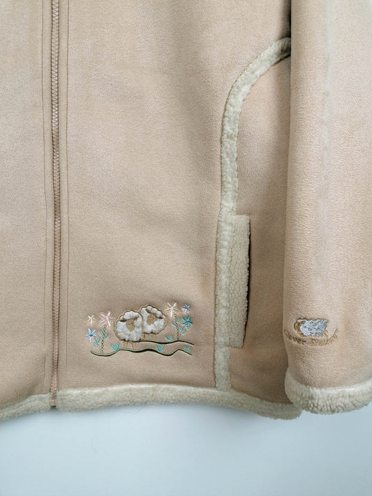 90's CLEVER SHEPHERD Faux Shearling Jacket Sheep Embroidery - size S-M / 10-12 UK