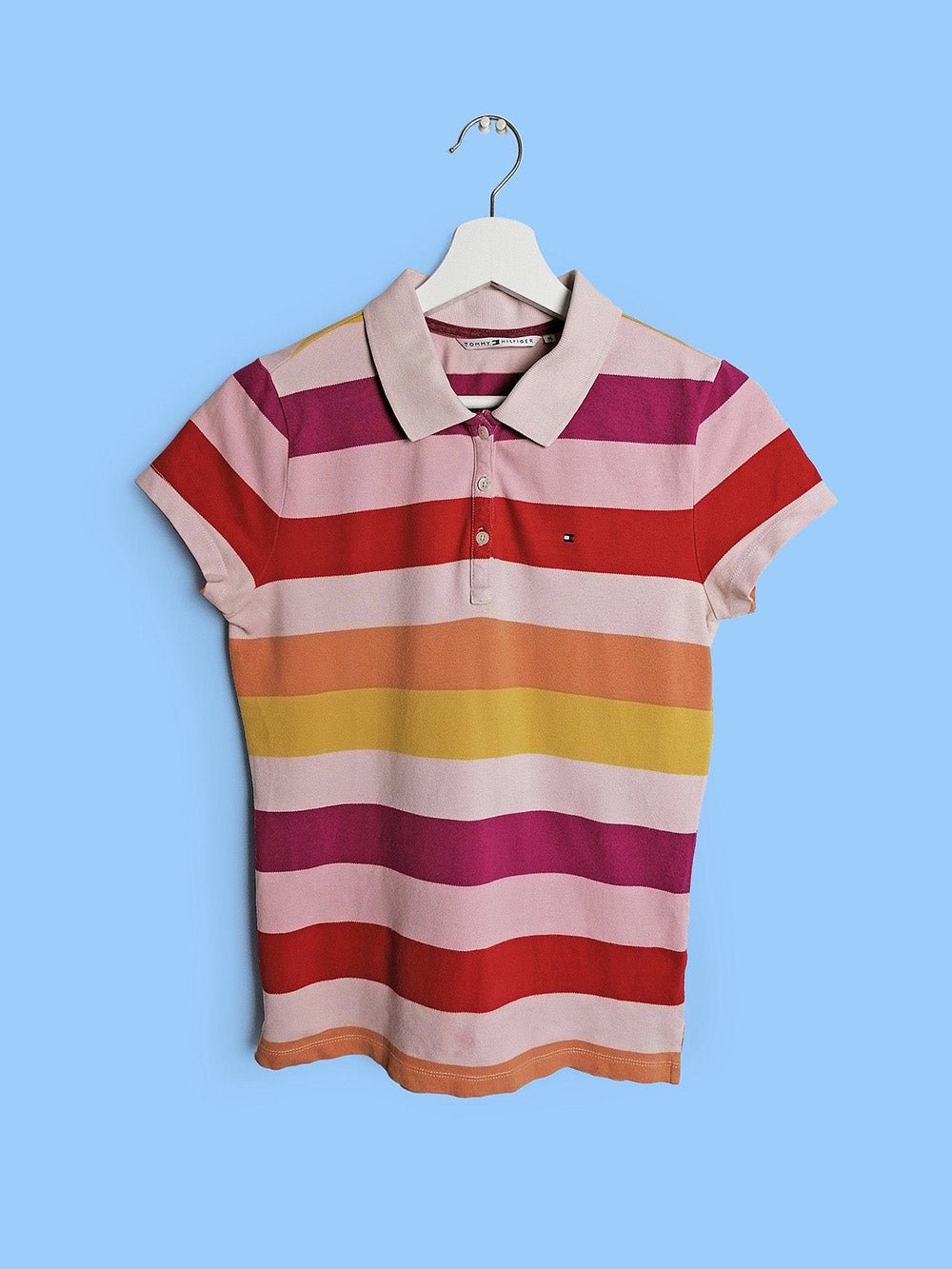 TOMMY Pink Orange Yellow Stripes Polo T-shirt - size S-M