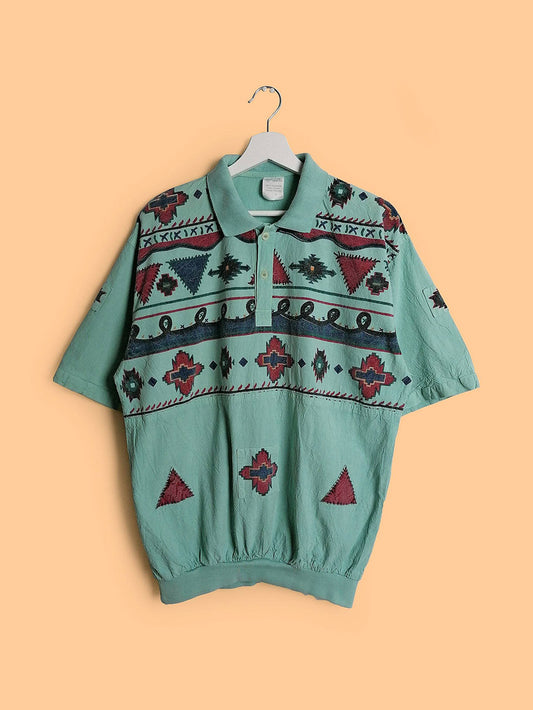 Vintage 80's Unisex Aztec Folk Retro Pattern Polo T-shirt - size S-M