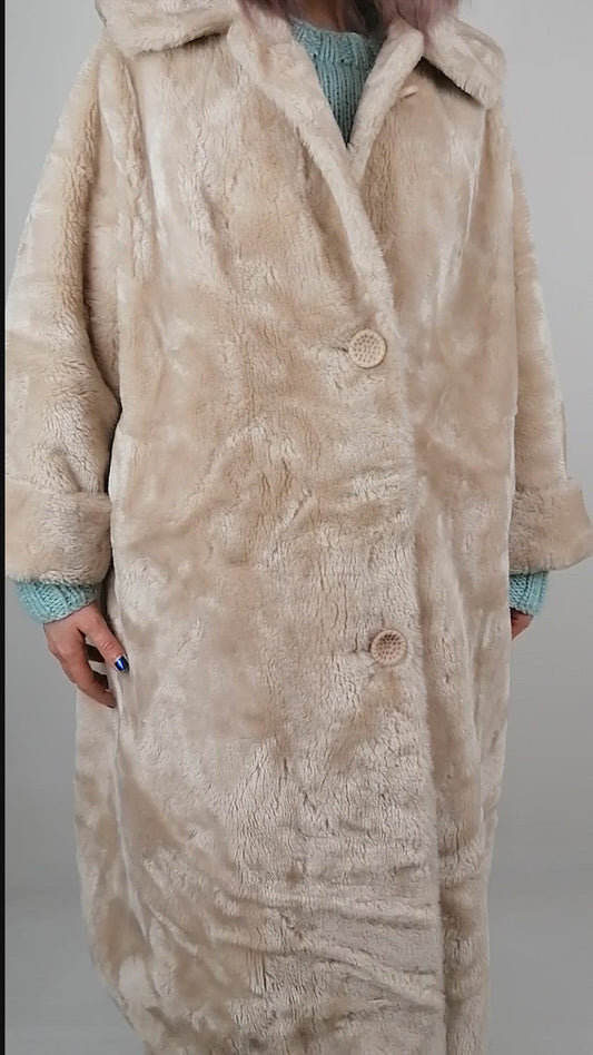 Vintage 80's BORGANA Faux Fur Long Coat Plush Beige Nude - size M-L