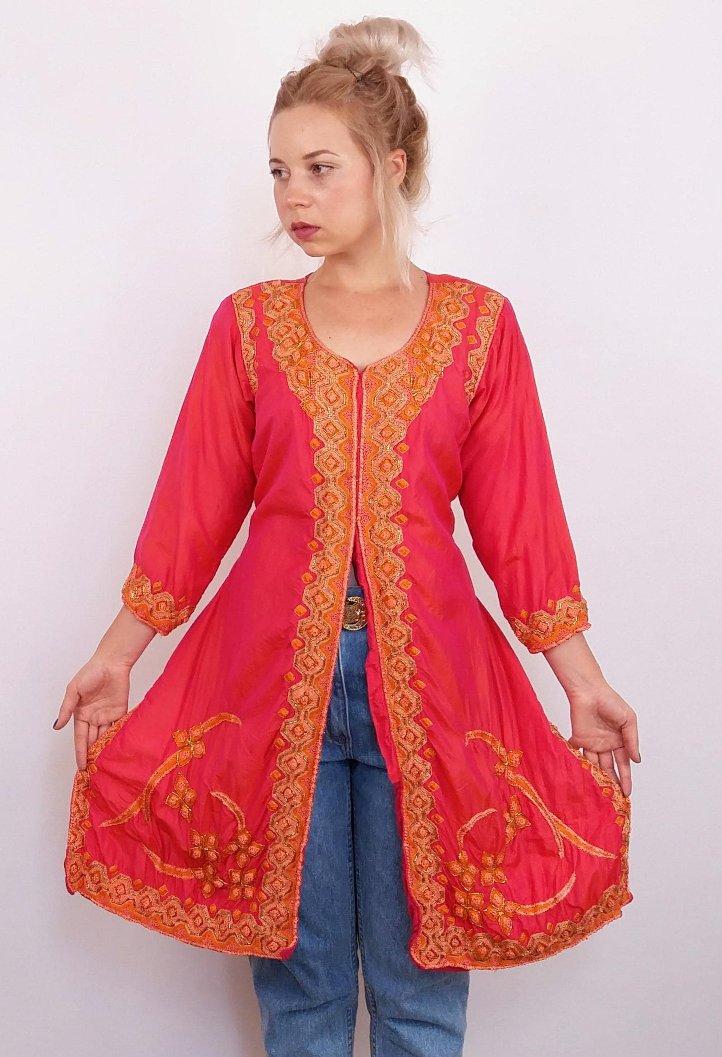 LOVELEEN Authentic Indian Silk Beaded Kurti Top/ Dress - size S-M