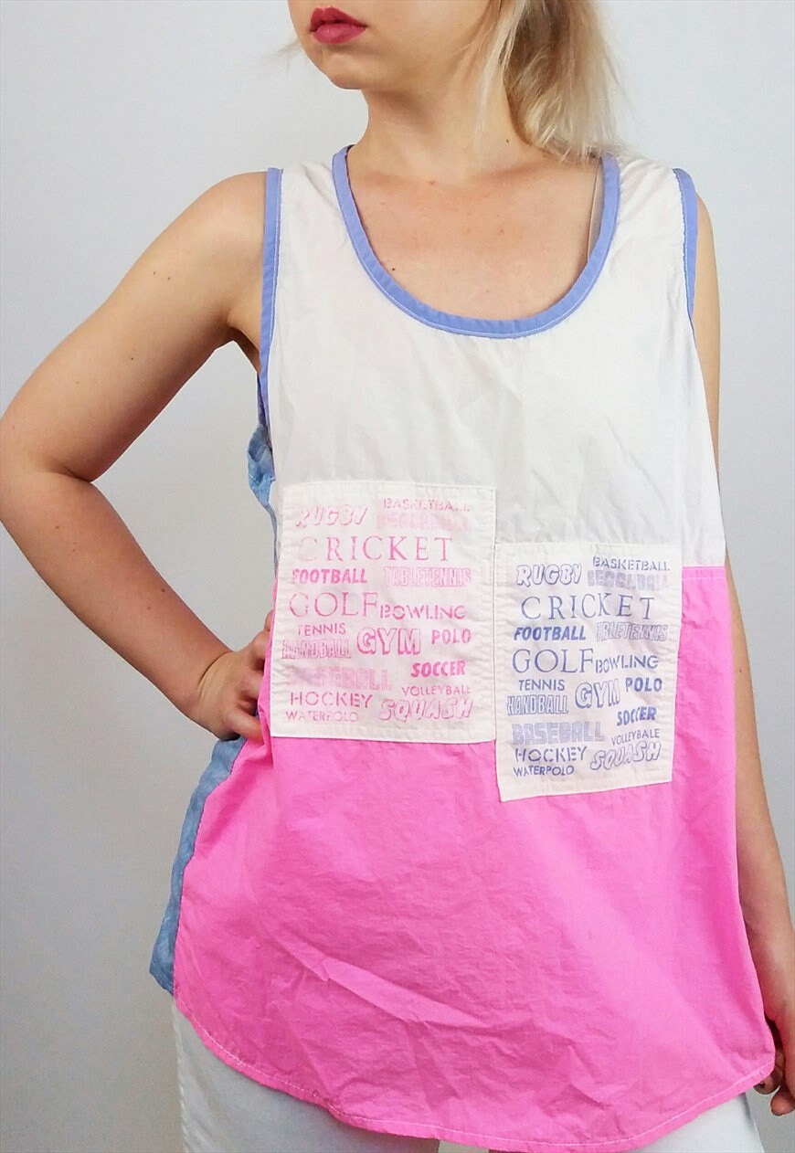 80's Vest Top Pink and White