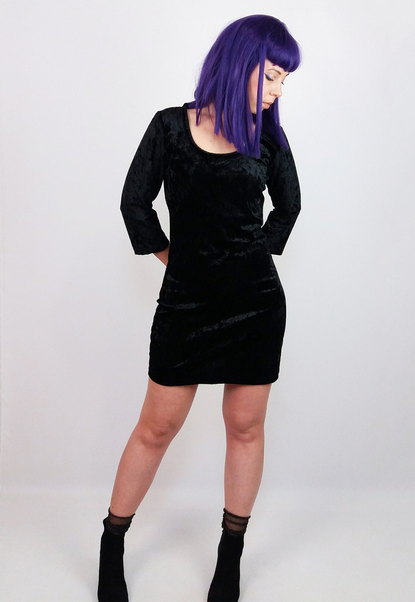 Y2K Black Velour Mini Dress Lace Back - size S-M