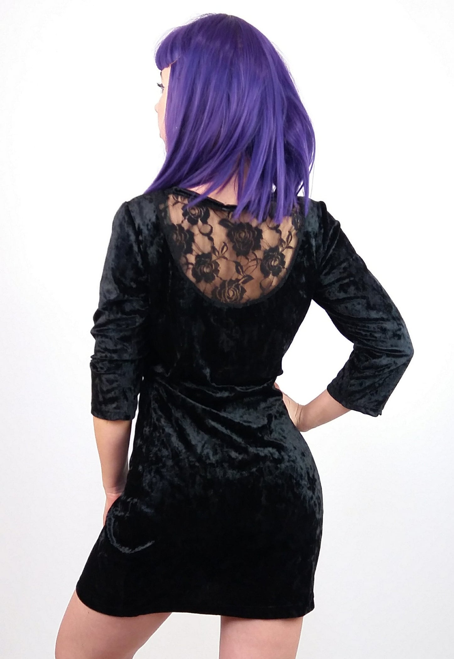 Y2K Black Velour Mini Dress Lace Back - size S-M
