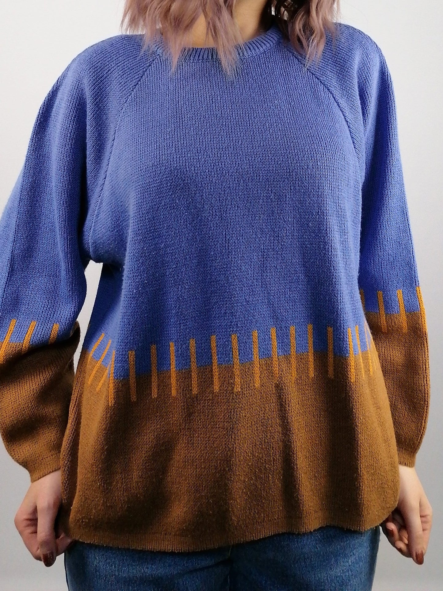 Graphic Pattern Knit Sweater Blue and Burnt Orange - size S-M