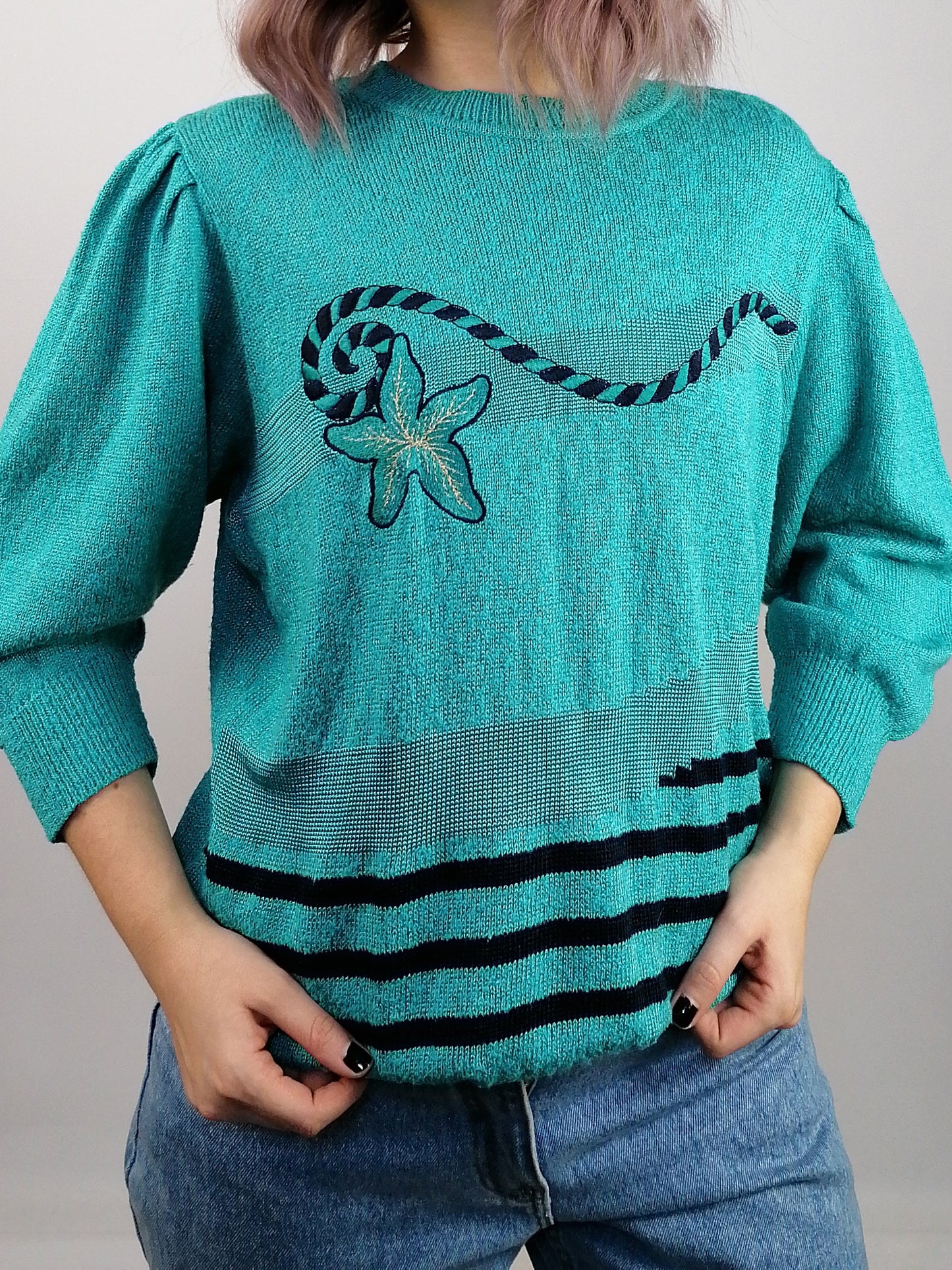 Vintage 80's Embroidery Knit Turquoise Retro Sweater