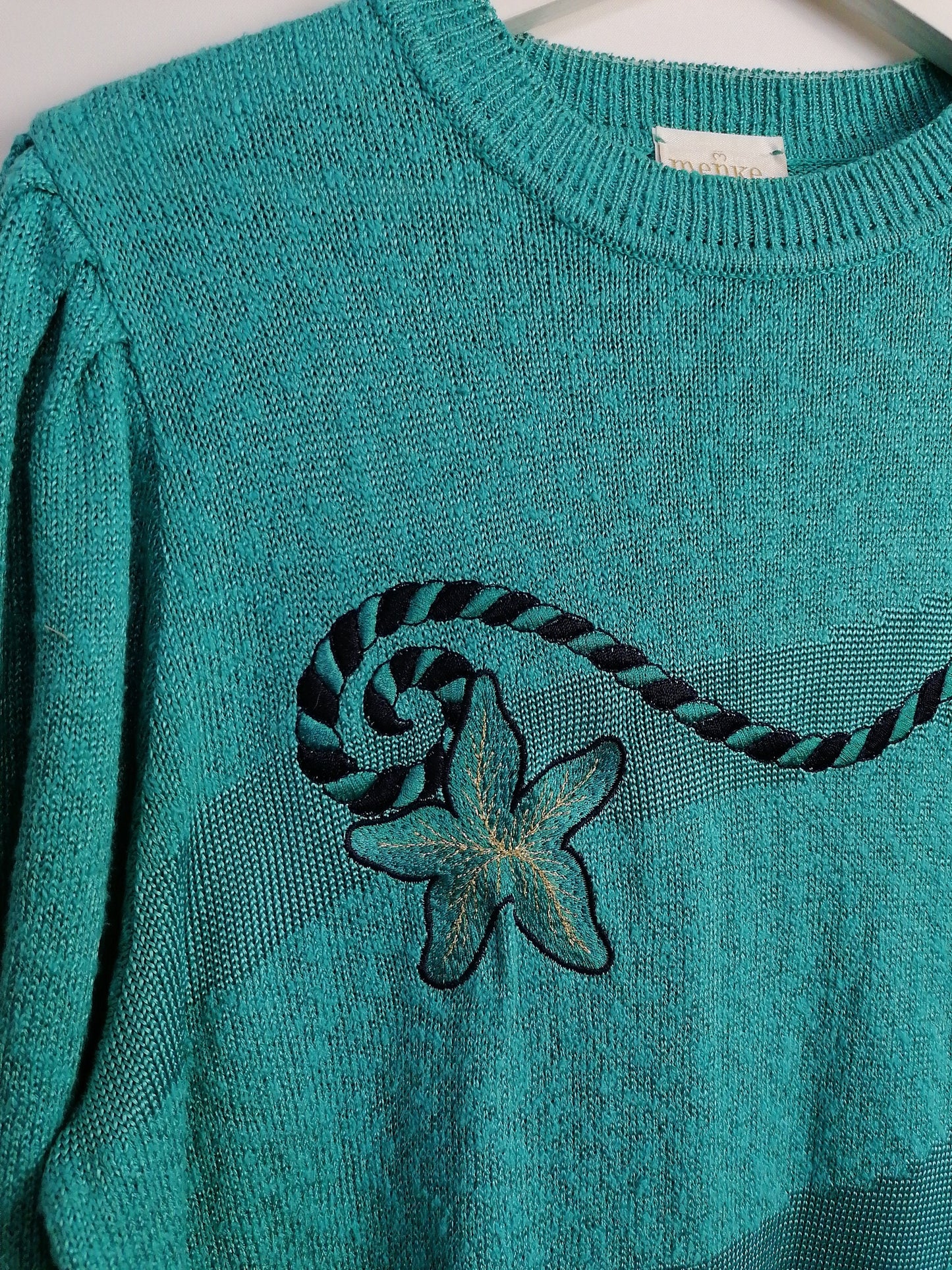 Vintage 80's Embroidery Knit Turquoise Retro Sweater