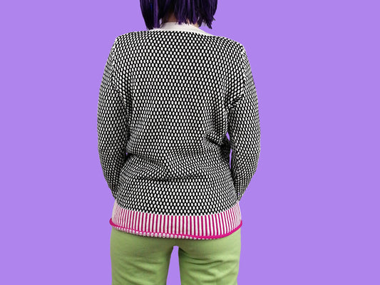 KOOKAI Cardigan Knit Sweater White Black Pink - size S-M