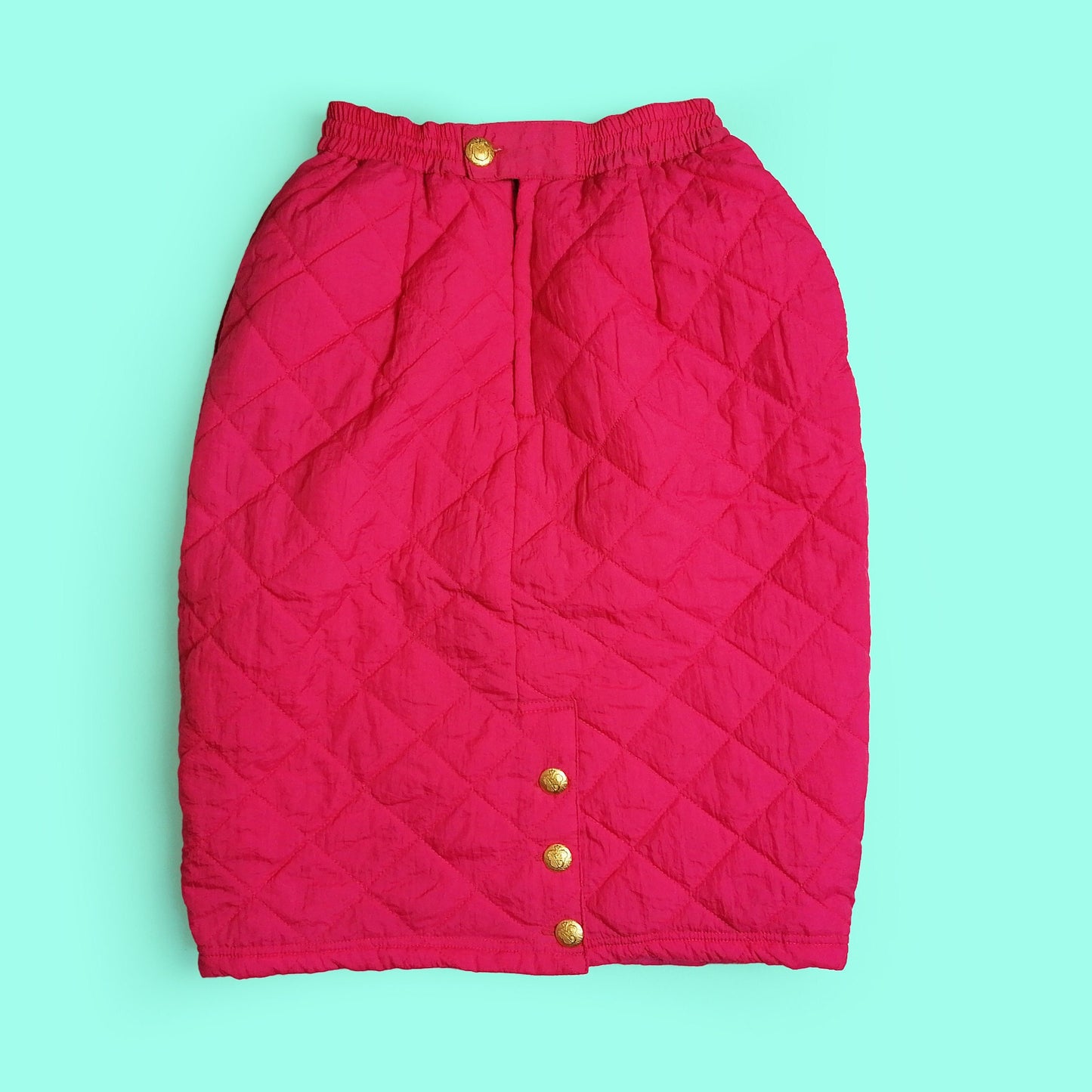 80's Quilted Skirt Nylon Padded High Waist in Pink ~ size S-M