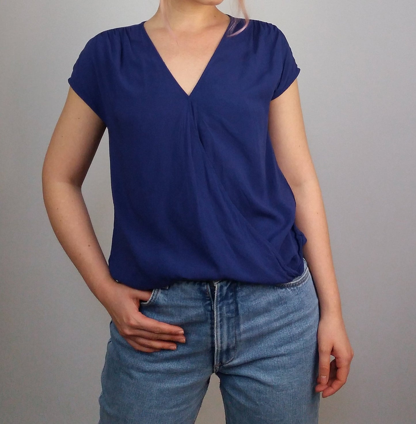 AHLENS blue viscose top wrap blouse | Size XS-S
