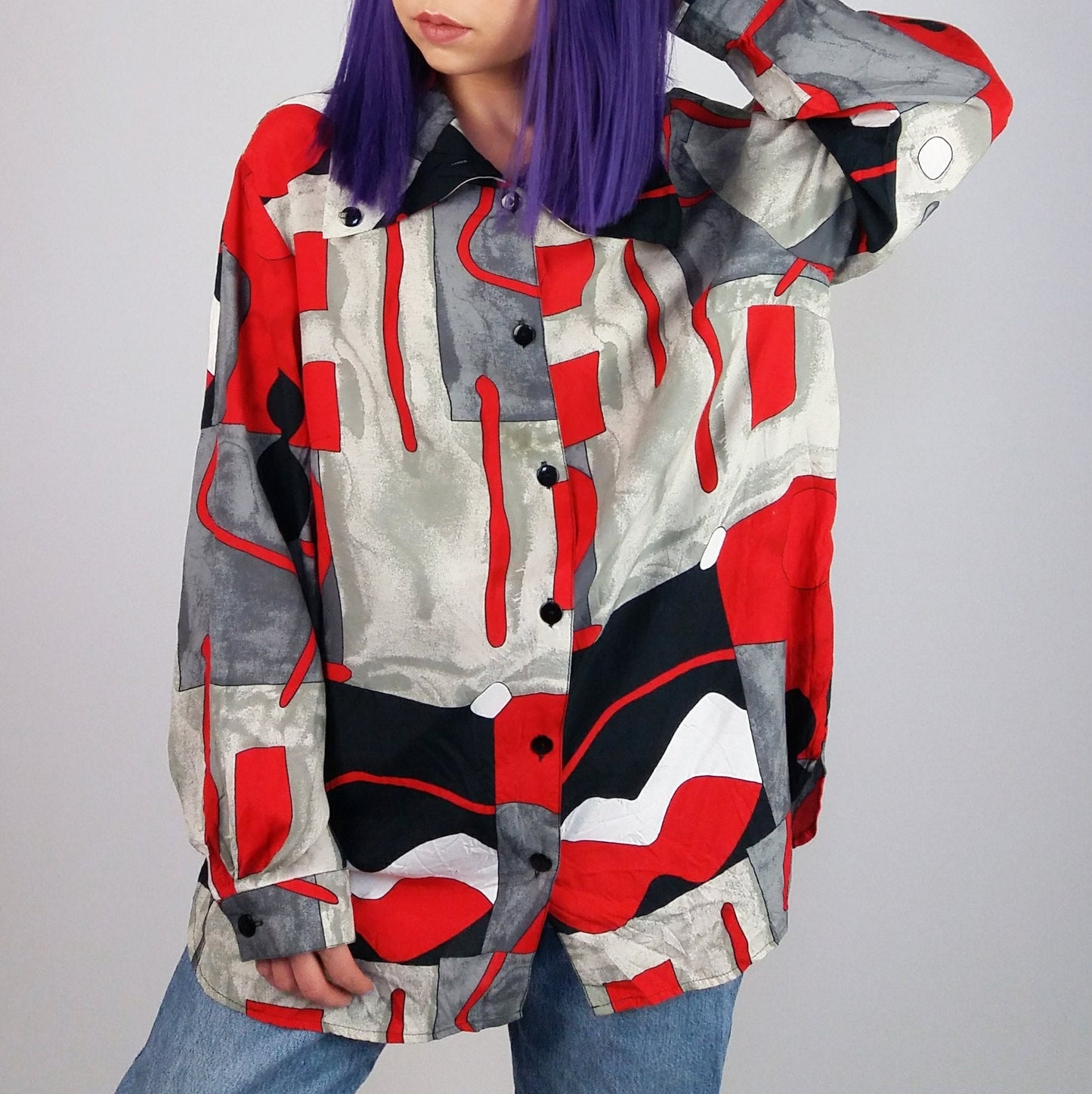 80's 90's Oversized Button-up Pattern Blouse