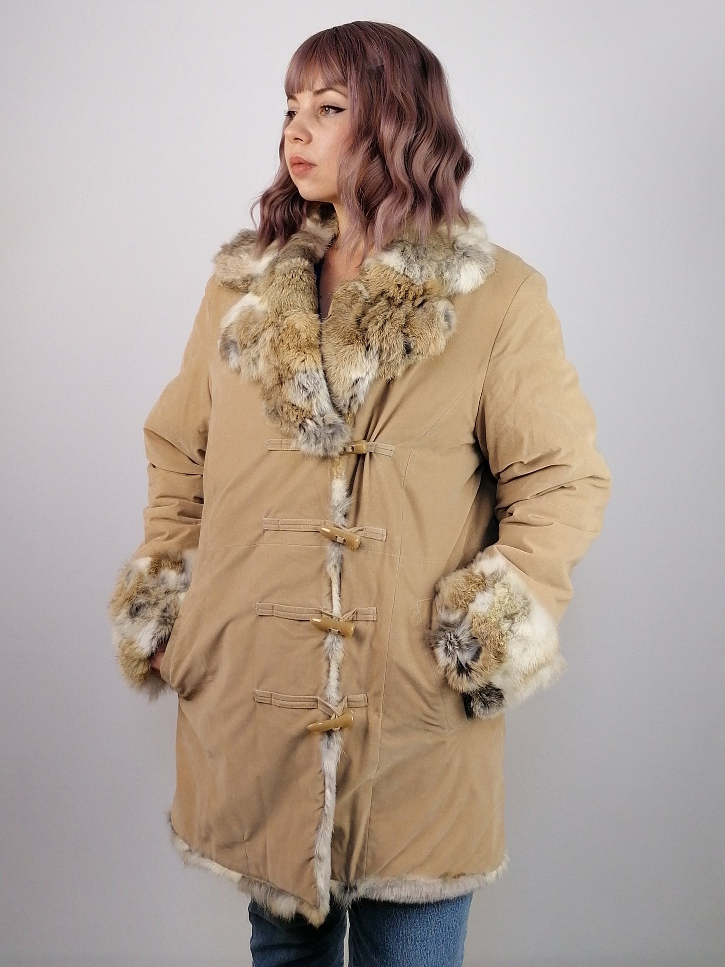 90's Faux Suede Real Fur Trim Oversized Coat