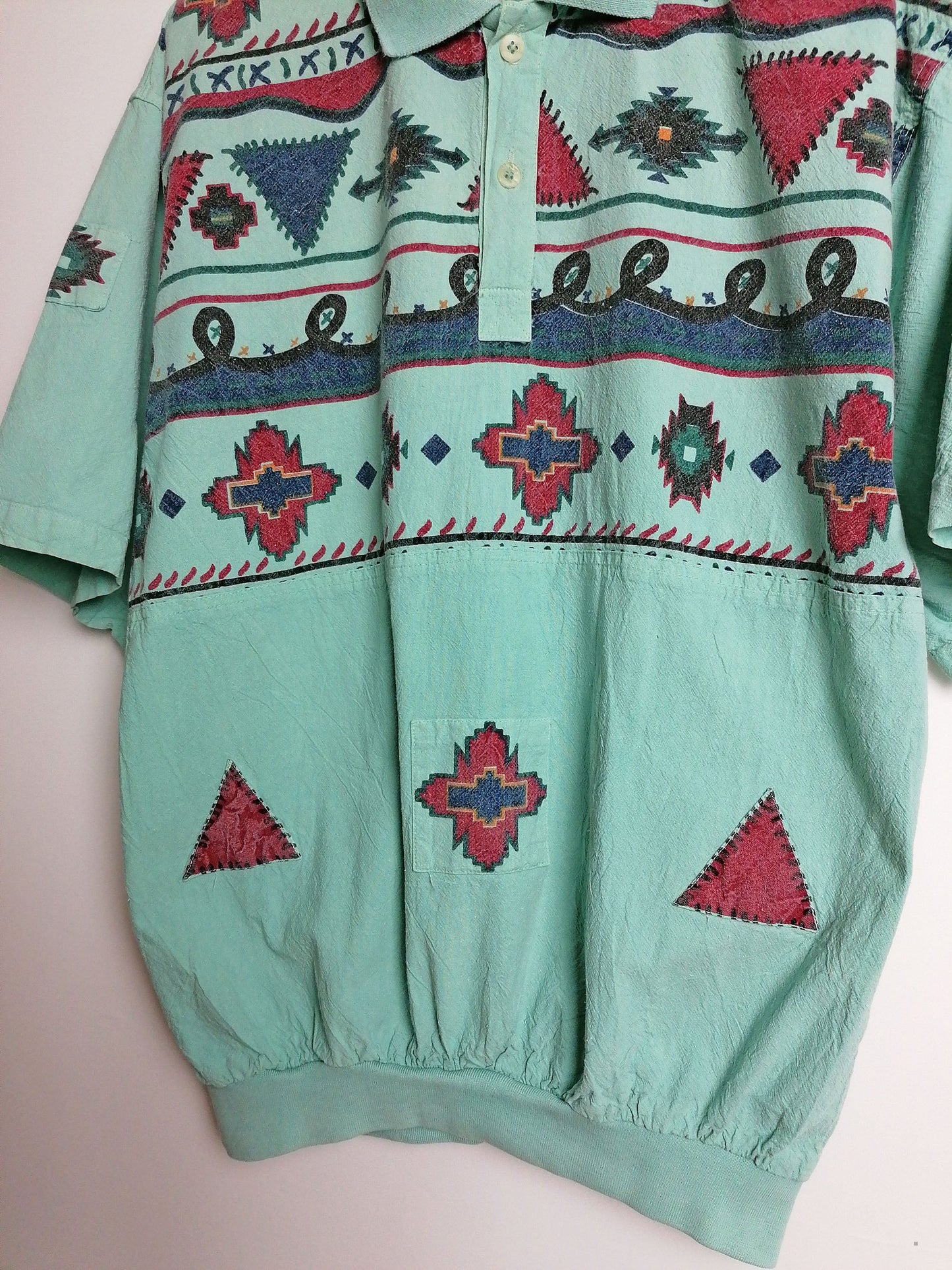 Vintage 80's Unisex Aztec Folk Retro Pattern Polo T-shirt - size S-M