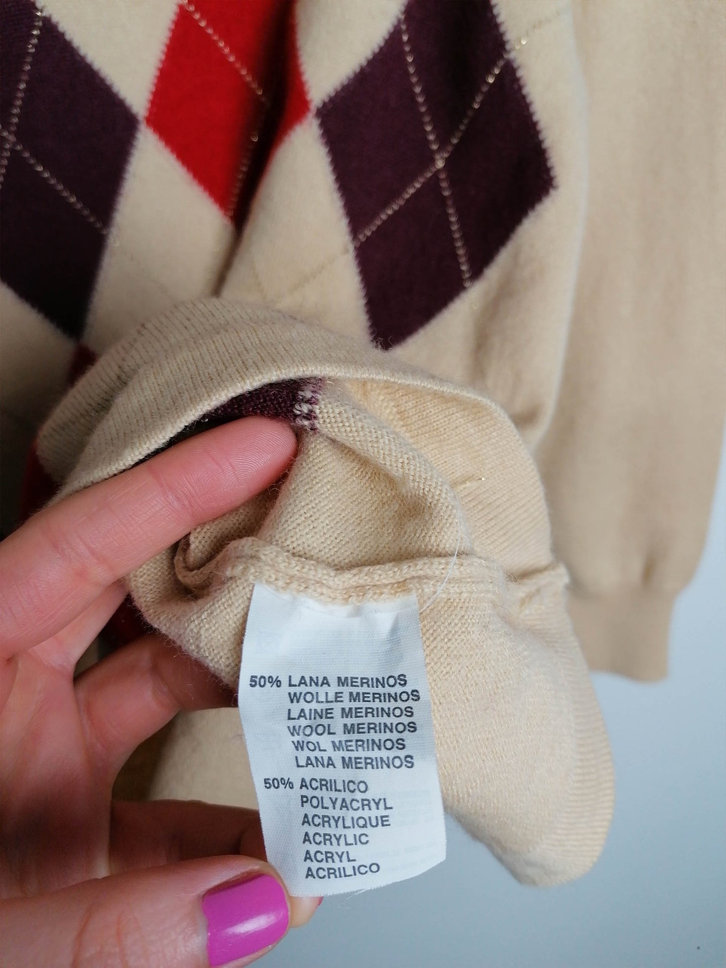CLARINA Merino Wool Blend Argyle Pattern Sweater - size M-L / 46
