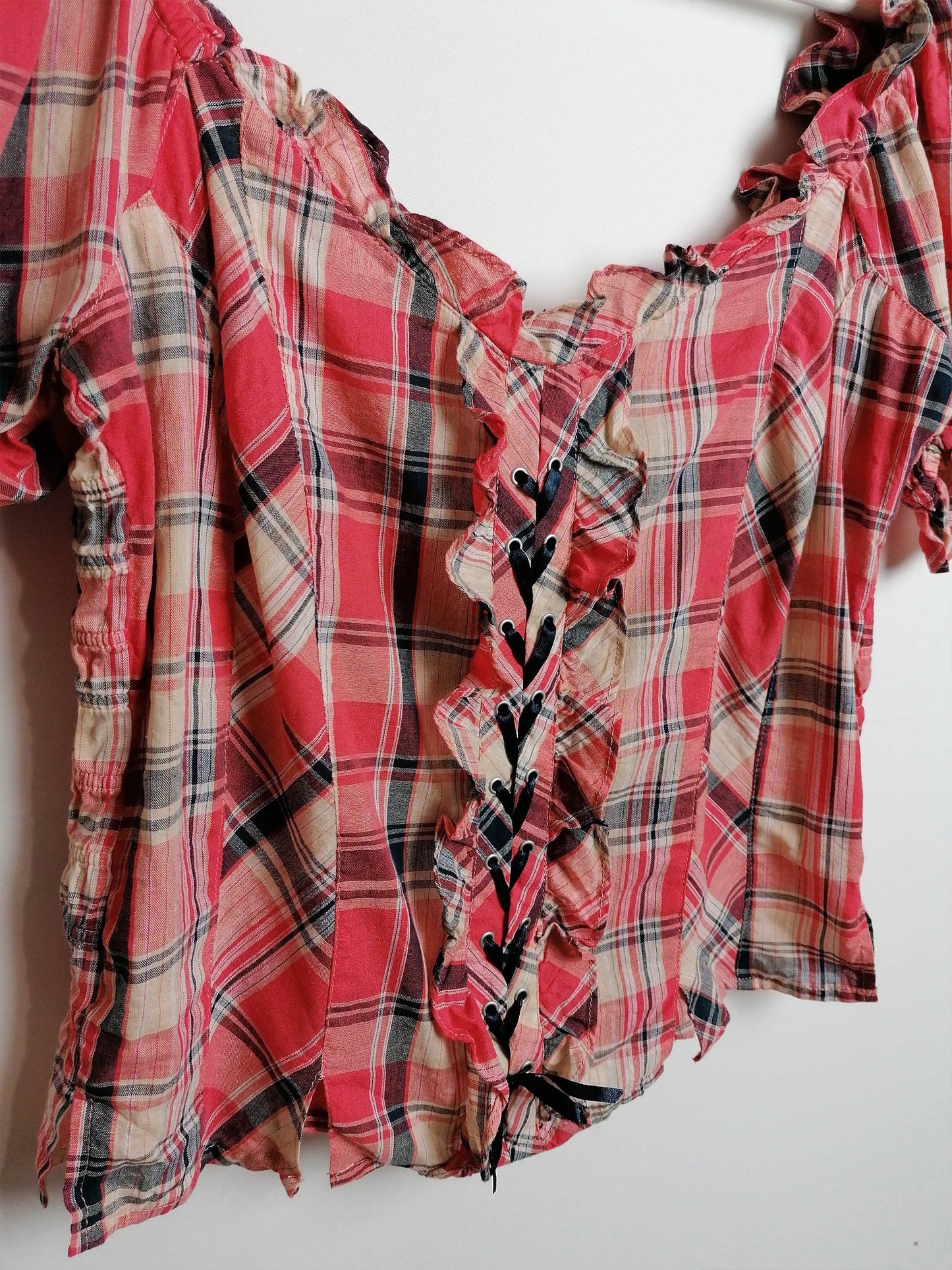 Peasant Style Puffy Blouse Plaid Check Pattern - size L