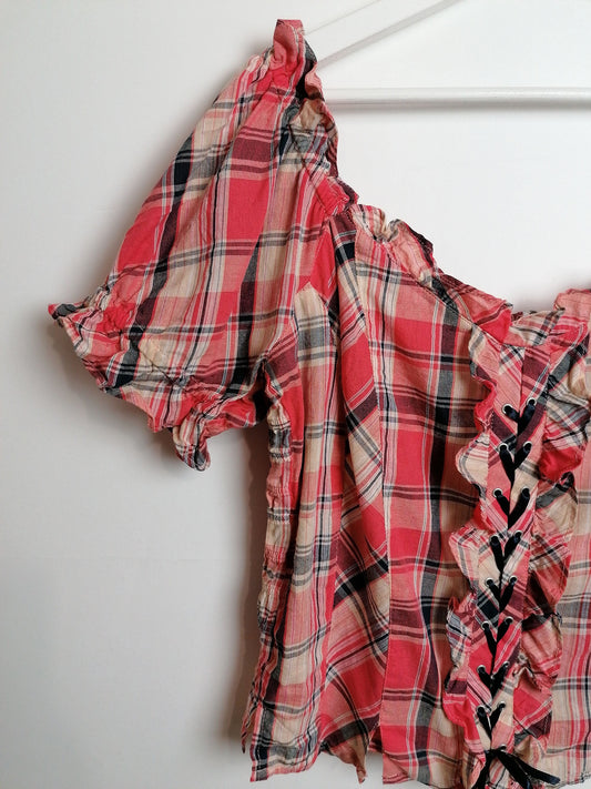 Peasant Style Puffy Blouse Plaid Check Pattern - size L