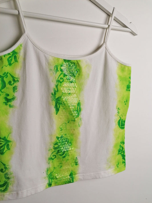 Y2K Tank Top Green Glitter Sequins Print - size XS-S