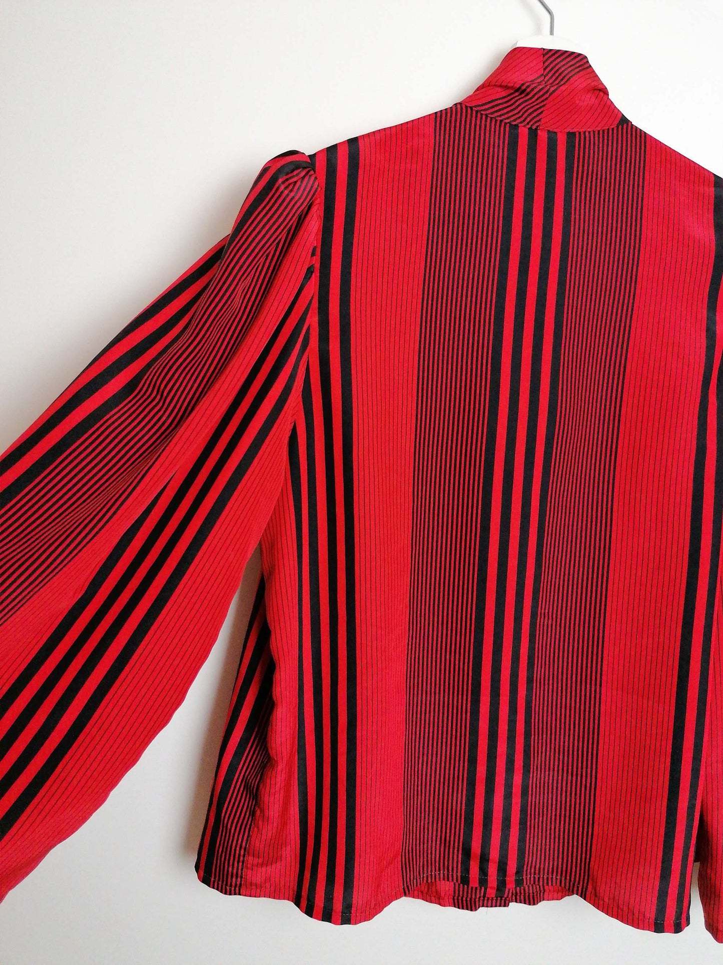 Pussy-bow Blouse Wide Sleeve Red Black Stripes - size S-M